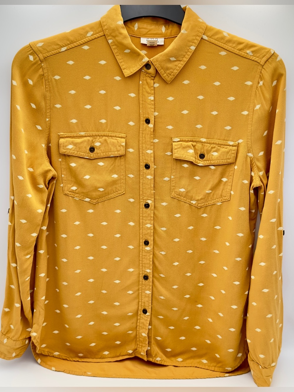 A.N.A Mustard Yellow Diamond Print Button Up Blouse Size S